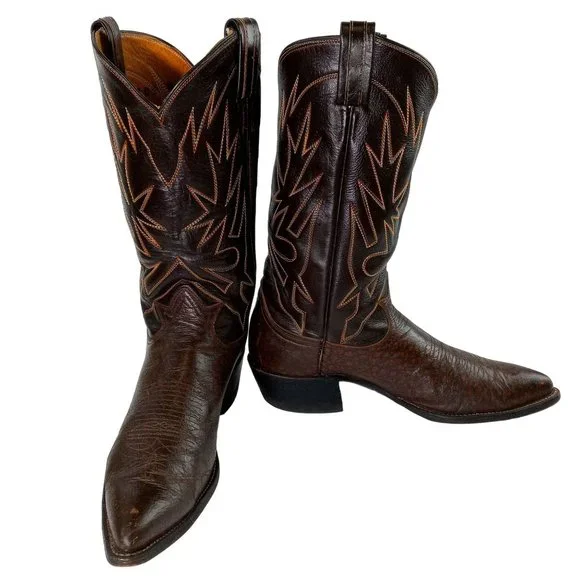 Tony Lama Cowboy Boots Brown Leather Mens 10.5 A Narrrow Width Vintage Western
